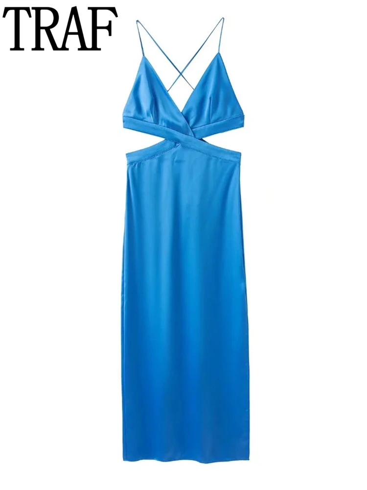 

Платье женское атласное средней длины с вырезом на спине и разрезом