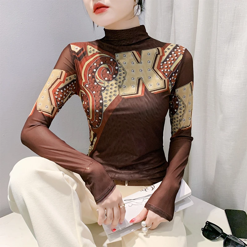 # 7441 сетчатая футболка с длинным рукавом принтом женская в корейском стиле узкая