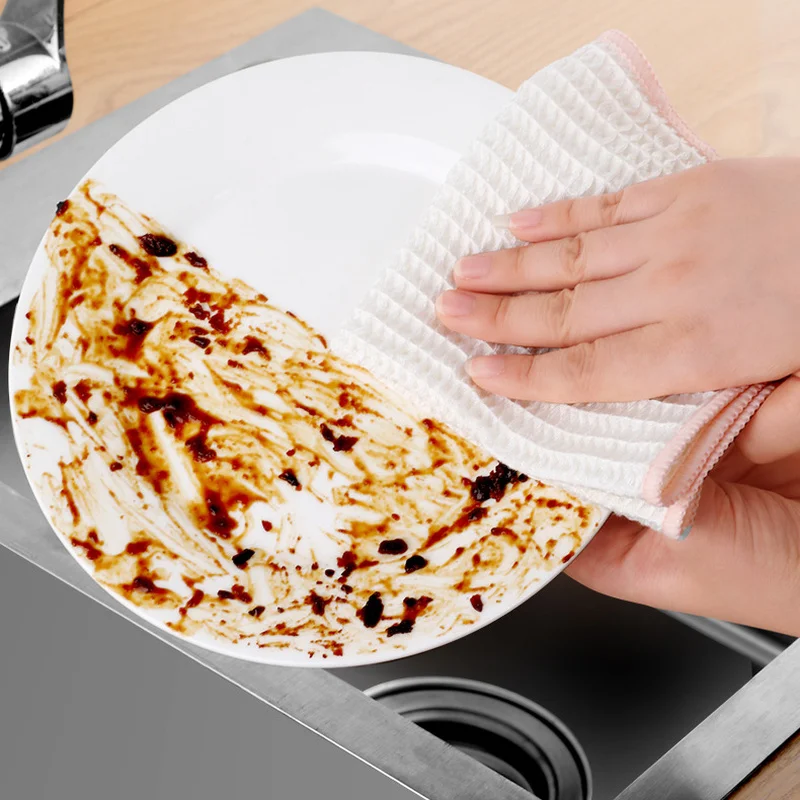 

5pcs Double-layer Absorbent Microfiber Kitchen Dish Cloth Non-stick Oil Household Cleaning Cloth Wiping Towel Home Kichen Tool