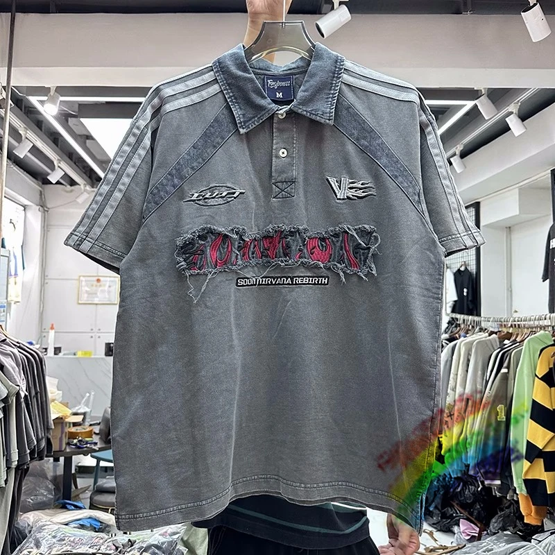 

Washed Embroidery Letters Damaged T-Shirt Men Women Best Quality Oversized T Shirt Tops Tee