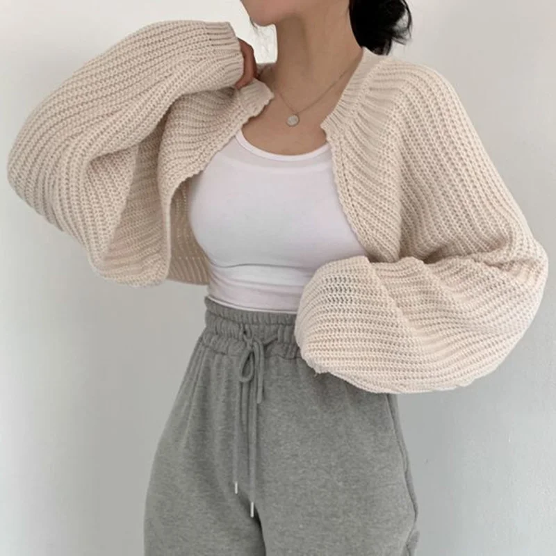 

Korean Fashion Women Loose Short Knitted Cardigan Sweater Fall Harajuku Lantern Sleeve Y2k Clothes Female Vintage Crop Top