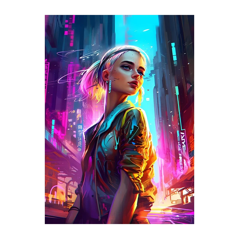 Киберпанк будущее городская девушка Картина на холсте с рамкой фиолетовая