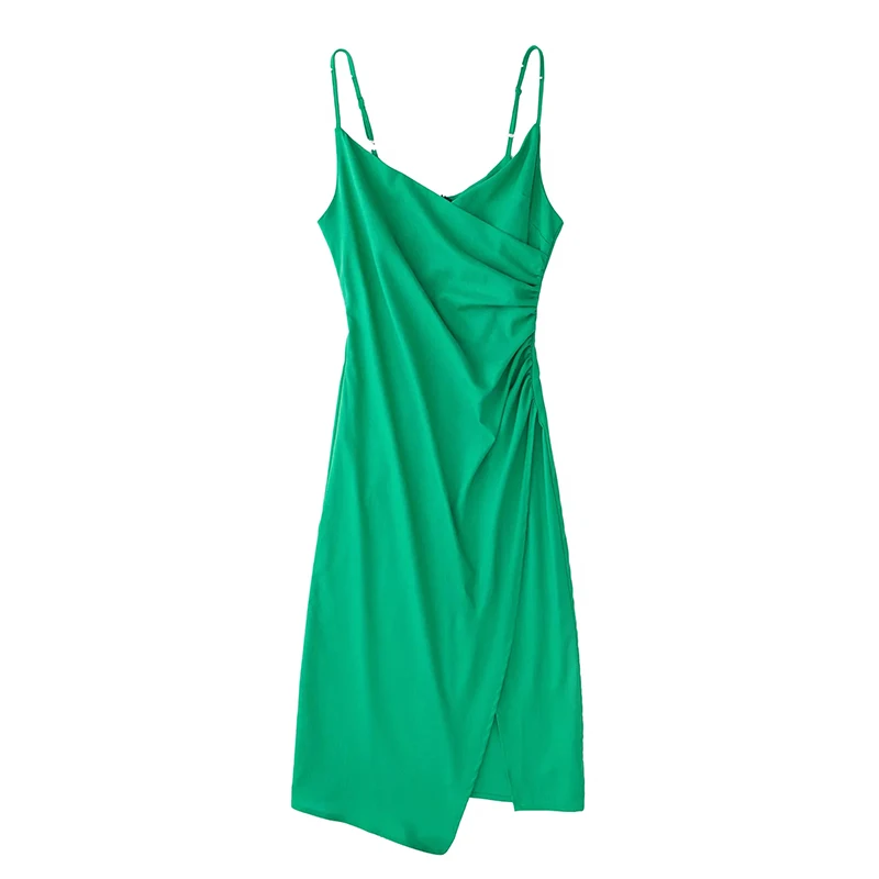 Женское Зеленое Асимметричное Платье Миди Siyang С V-образным Вырезом На Тонких