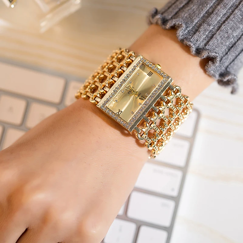 2022 Women watch gold/rose gold rhinestones watch dial square face top hot designer ladies wristwatch dropship relogio feminino