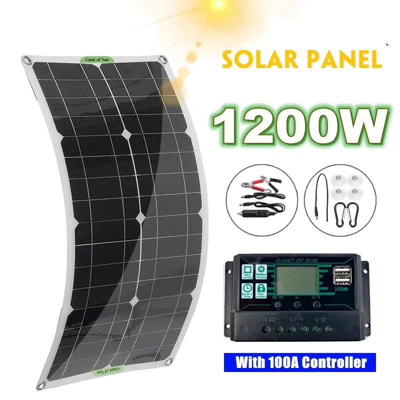 

1200W Solar Panel Kit Complete DC5V 12V Dual USB Solar Cells With 100A Solar Controller for Car Yacht RV Battery Charger