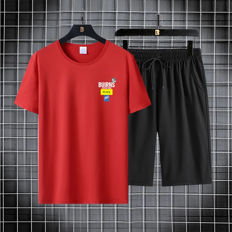 Summer Fashion  Men's Knitted Ice Silk T-Shirt  Sleeved Shorts Ttwo-Piece Quick Drying Breathable Trend Handsome Comfortable Set