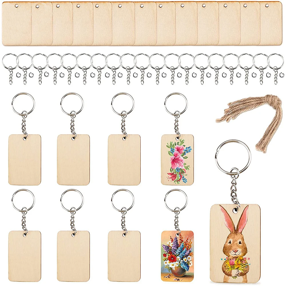 

60pcs Blank Wooden Key Chains Tags to Paint Personalized Key Ring Rectangle Wood Key Chains for Engraving DIY Tags Key Craft