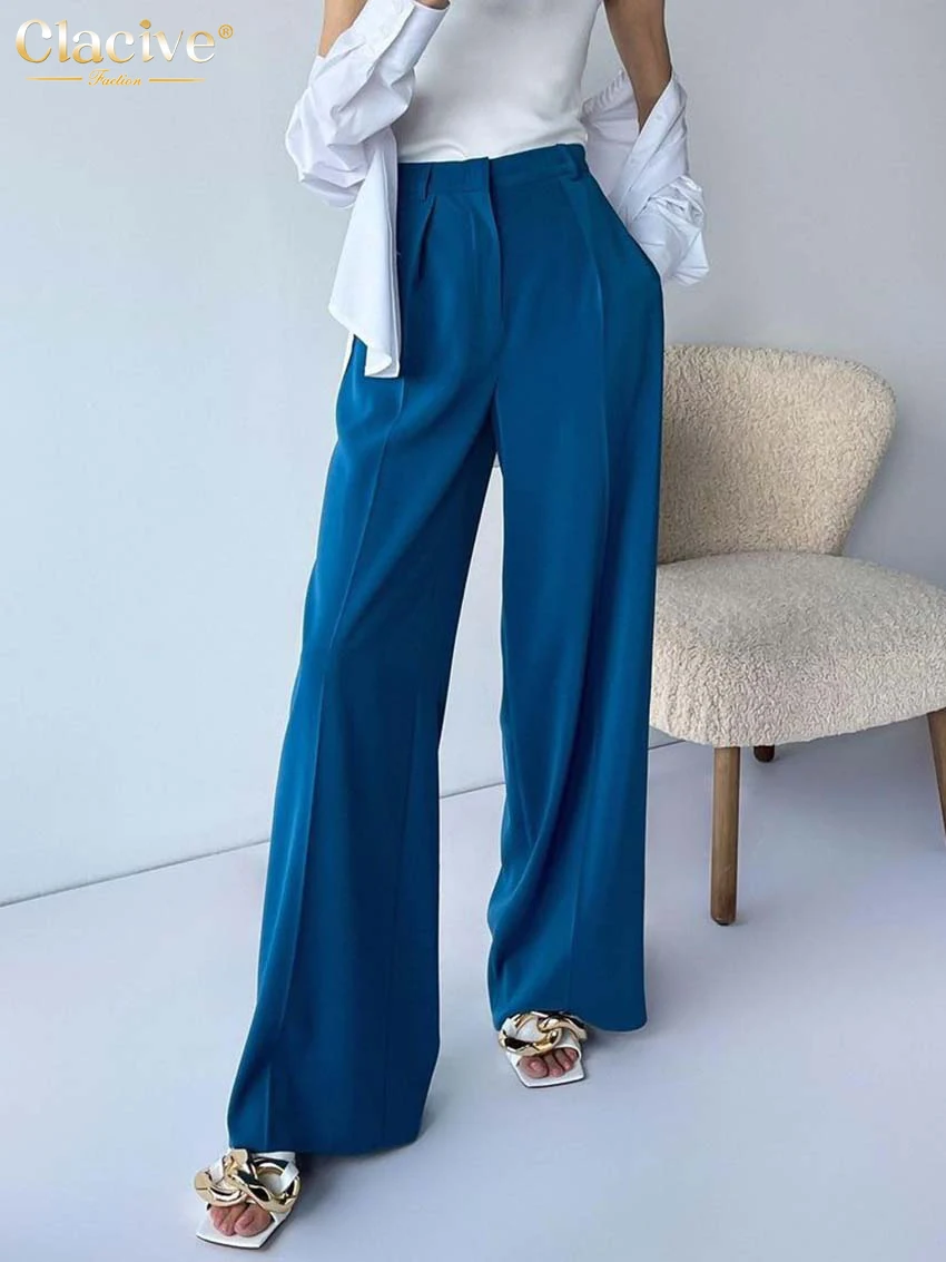 

Clacive Fashion Blue Office Women'S Pants 2022 Autumn Elegant Loose High Wasit Straight Trousers Casual Full Length Pants Female