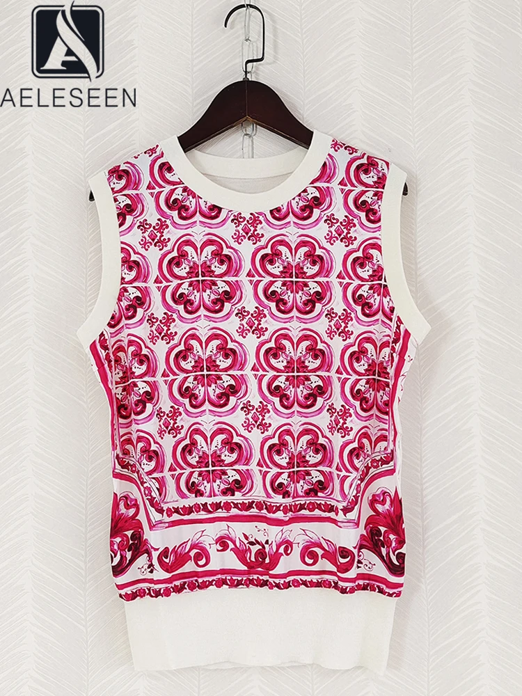 

AELESEEN Sicilian Summer Sweater Vest Sleeveless Runway Fashion Red Flower Print Patchwork Wool Knitted Casual Holiday Top