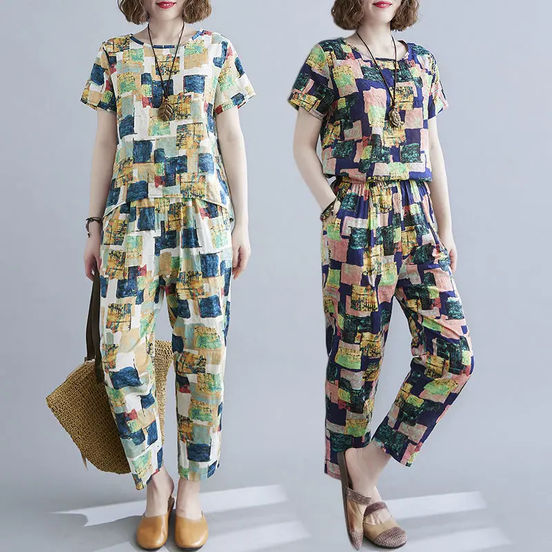 

Women 2022 Summer New Vintage Print 2 Two Piece Set Female Short Sleeve Tee T-shirt Tops Pants Loose Casual Fashion Suit M04