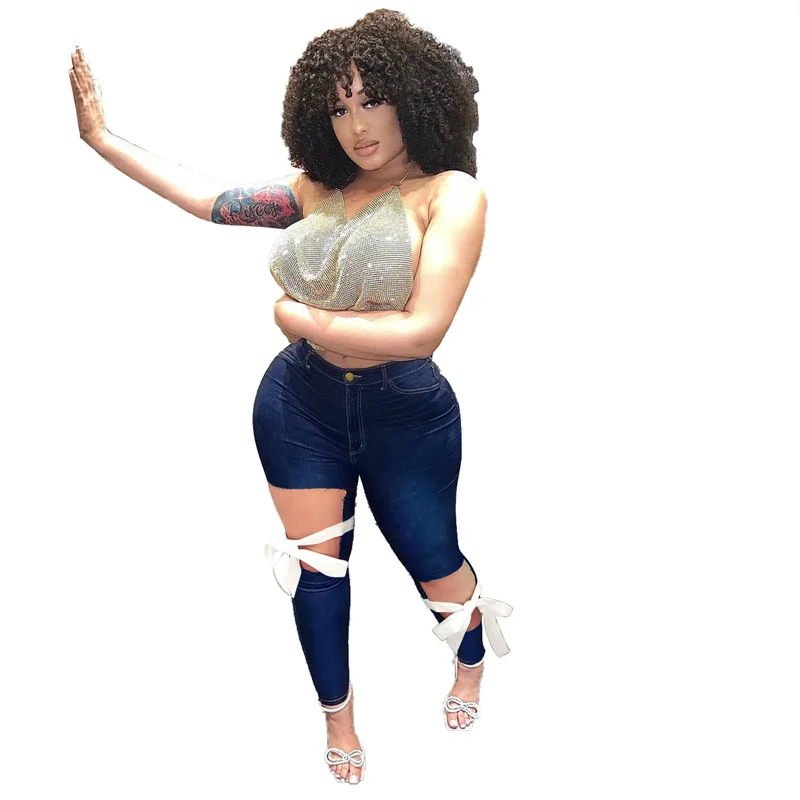 

Пикантные джинсы с дырками для женщин, джинсы с высокой талией и лентой, джинсы на шнуровке, уличная одежда, женские узкие джинсы-карандаш в полную длину