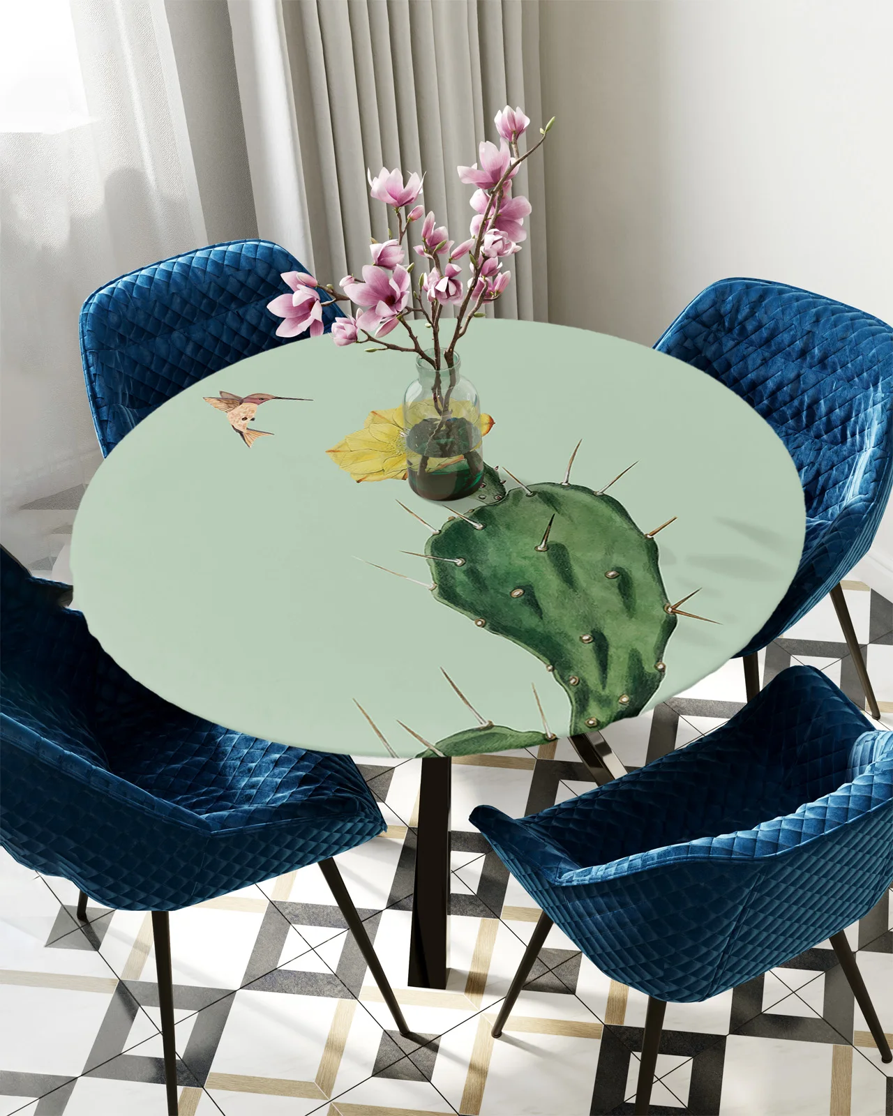 

Cactus Yellow Flower Hummingbird Round Rectangular Table Cover Waterproof Elastic Tablecloth For Kitchen Table Cloth Home Decor