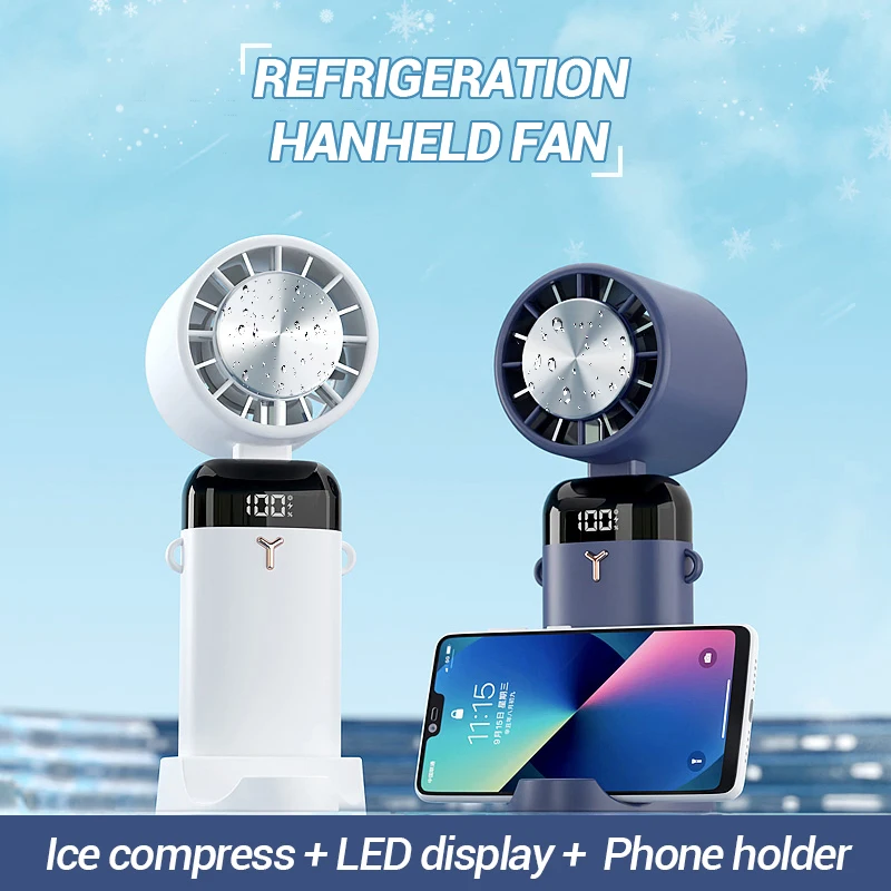 Refrigeration Electric Portable Fan Pocket Folding LED Display Camping with Phone Holder Desktop Cooling Mini Handheld Fan