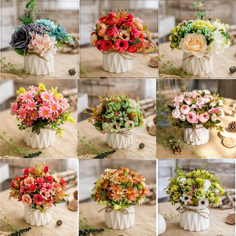 

Artificial Flower Set Ceramic Hemp Rope Vase Roses Artificial Plants Potted Home Decoration Fake Flower Pots Table Decoration