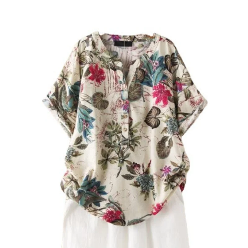 

Women Leaf Printed T-shirt Vintage Cotton Linen Short Sleeve T-shirt Loose Casual Pullover Tops 2023 Summer New Round Neck Shirt