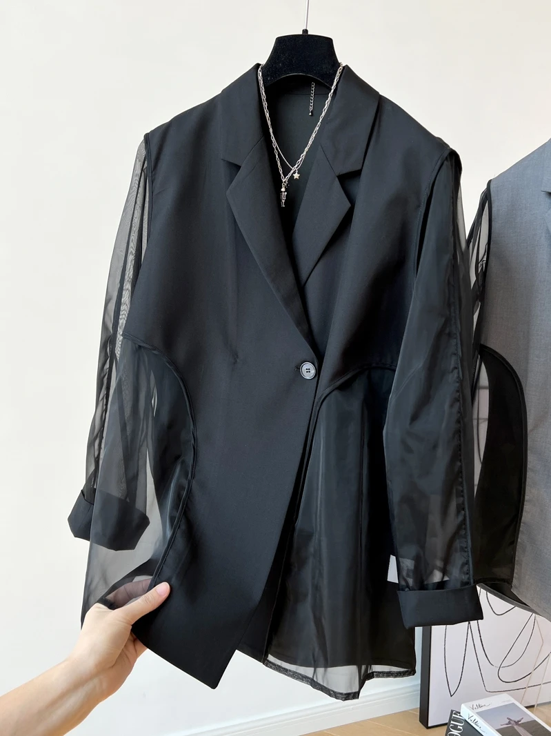 

SuperAen 2022 новый дизайн органза сплайсинга тонкий свободный костюм куртка женская весна осень повседневные офисные женские блейзеры