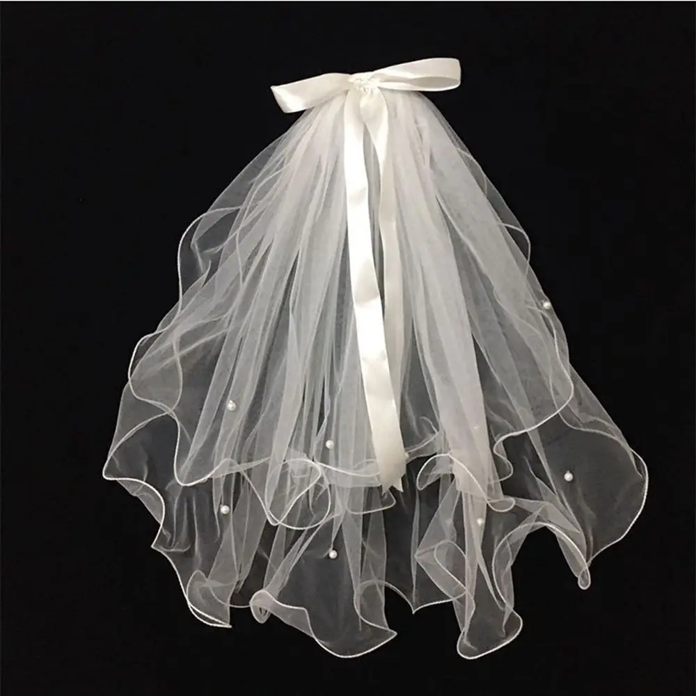 

Super Fairy Ribbon Bow Pearl Bridal Veil With Comb Hairpin Bridal Veil Suitable For Wedding Photo Photography Wedding Party