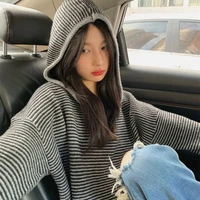 spring and autumn new womens striped hooded sweater womens sweater retro japanese lazy style loose knitted top