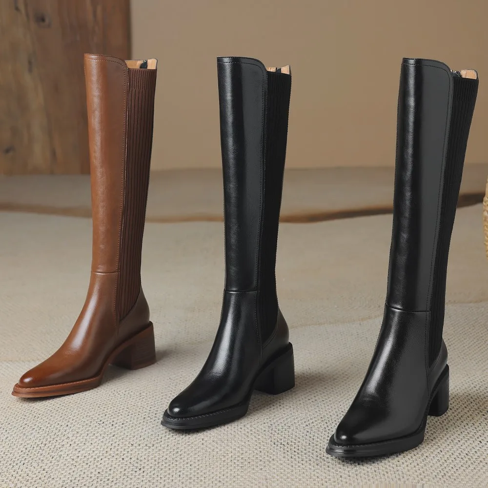 Женские сапоги до колена из натуральной кожи с острым носком на молнии сзади