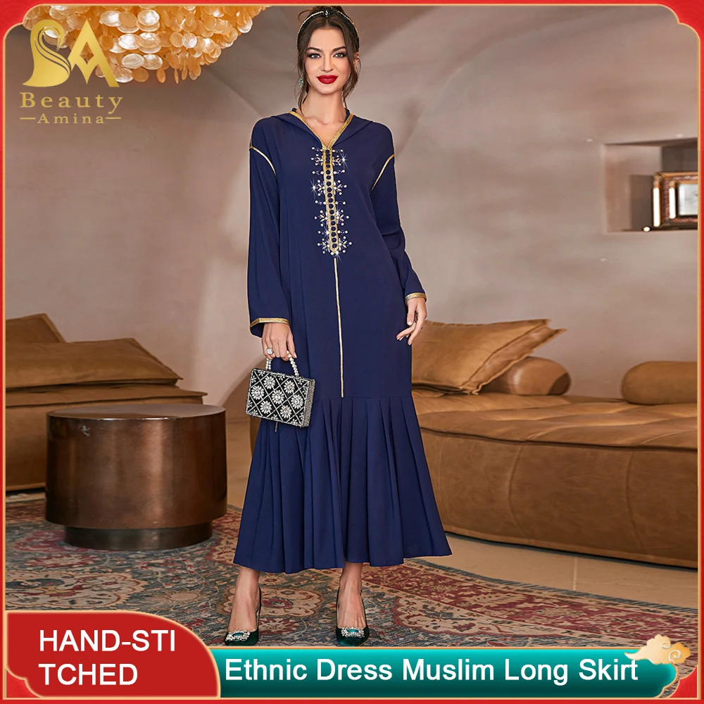 Long Skirt Navy Blue Arabian Fashion Hand Beaded Pleated Dress Middle East Women's Muslim Long Dress Abaya Robe Ethnic Dress