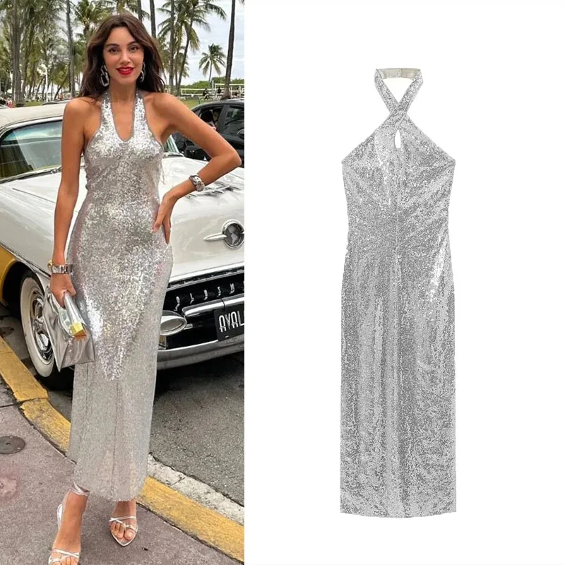 

Платье-миди женское с блестками и открытой спиной