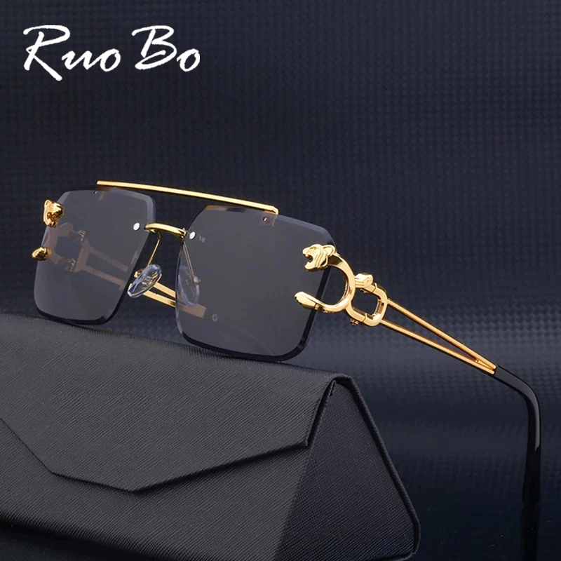 RUOBO винтажные солнцезащитные очки без оправы с леопардовым дизайном для мужчин и