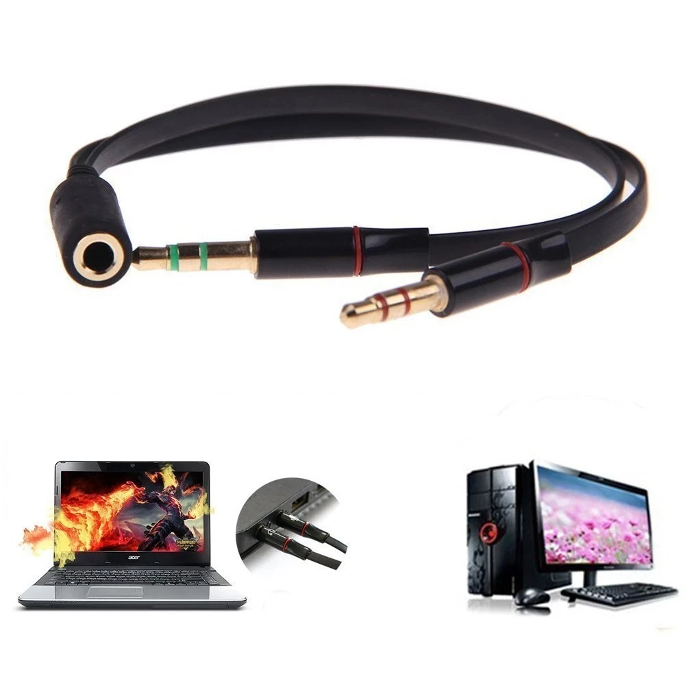 

3.5 mm Black Headphone Earphone Audio Cable Micphone Y Splitter Adapter 1 Female to 2 male Connected Cord to Laptop PC