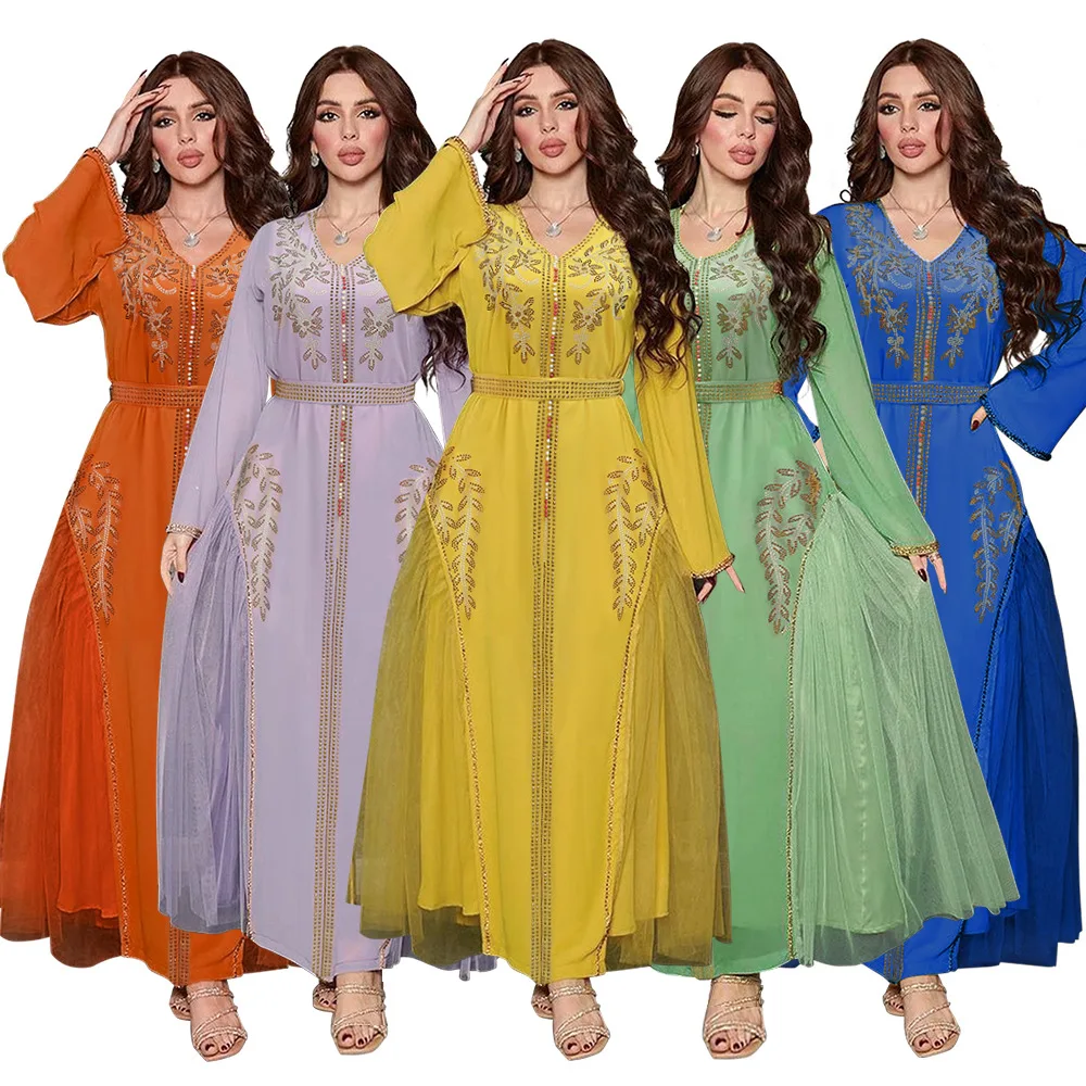 

Eid Muslim Women Dress Middle East Southeast Mesh Diamond Studded Abaya Party Dresses Ramadan Abayas Caftan Kaftan Jalabiya