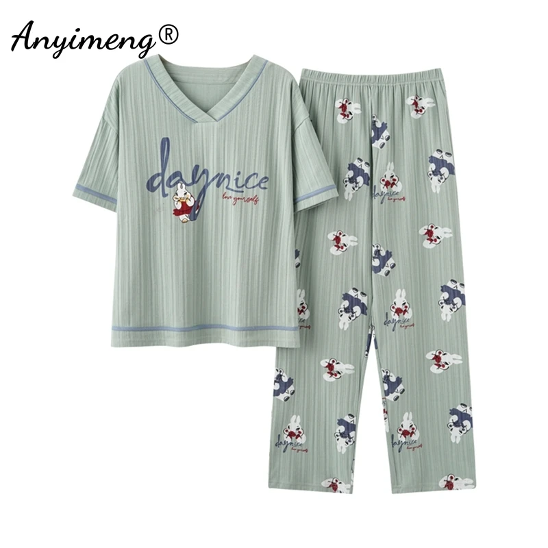 

Elegant Sleepwear for Lady Fashion Leisure Womens Clothes 2 Piece Pijamas Summer Cotton Kawaii Cute Rabbit Pajamas Set for Women