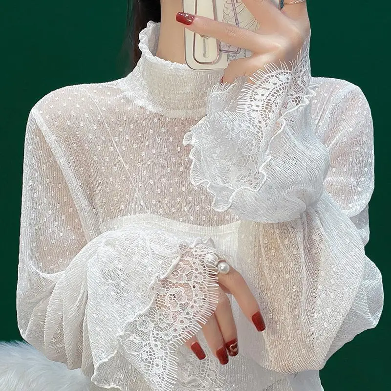 

Half Turtleneck Mesh Shirt Women's Spring Autumn Fashion Flared LongSleeved Thin Undercover Shirts Sexy Polka Dot Lace Top