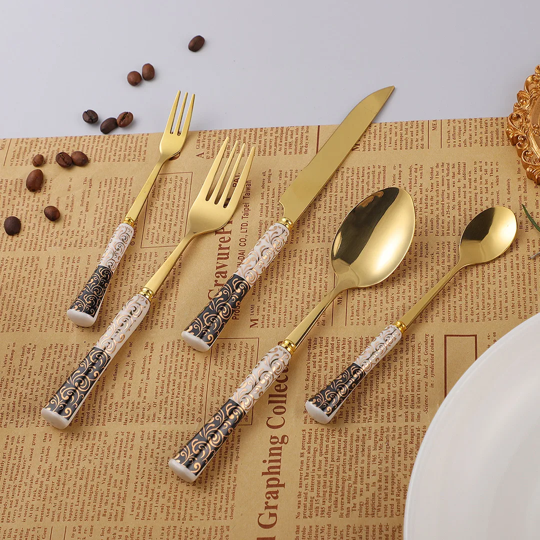 Cutlery Set 30Pcs Black White Gold Pattern Ceramic Handle Dinnerware set  western Stainless Steel Forks Knives Spoons tableware