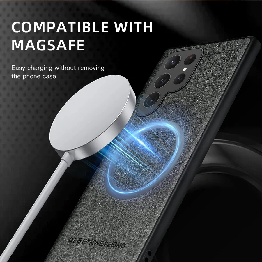 Фото Магнитный кожаный чехол для Samsung Galaxy S25, S24 Ultra, S20, S21, S23, S22, Note 20 Plus, S25Ultra, чехол Magsafe для беспроводной зарядки автомобиля №5