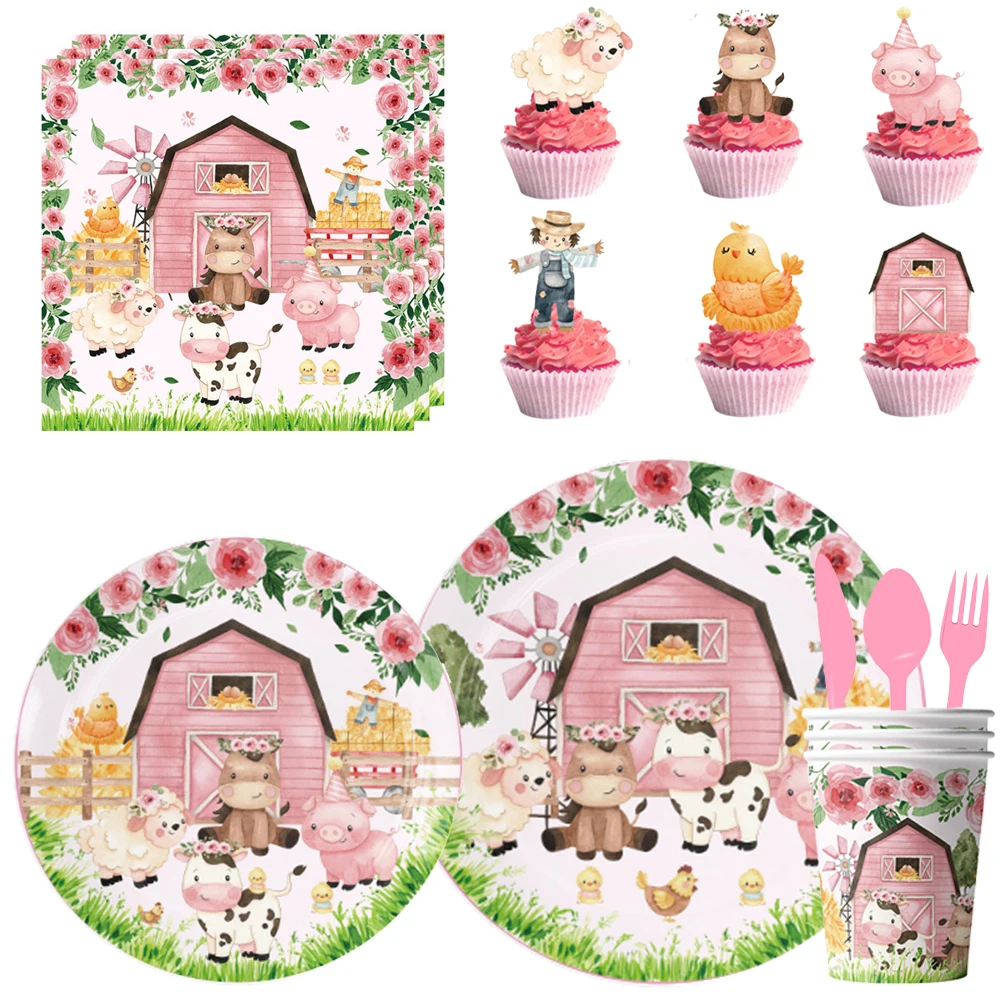 Farm Animals Party Tableware Kids Birthday Baby Shower Disposable Barnyard Party Supplies Dinnerware Plates Napkins Cups