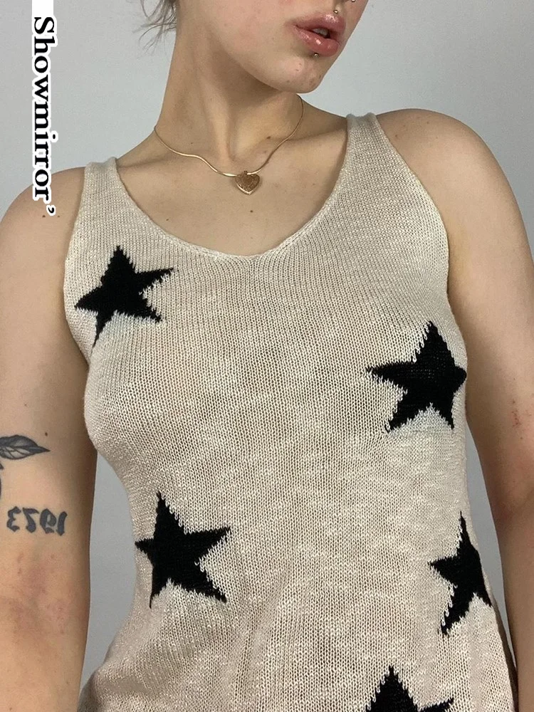 

Showmirror Y2K Женский трикотажный топ без рукавов со звездами, повседневные джемперы, пуловеры, свитеры, Модные Винтажные женские топы на бретеля...