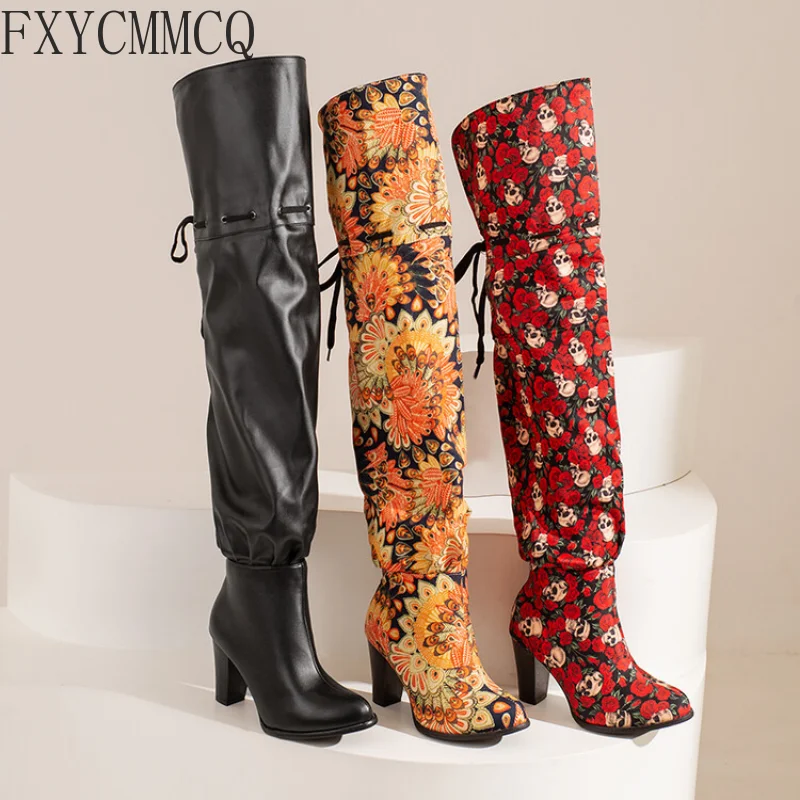 FXYCMMCQ 2022 Autumn and Winter European and American Style Flower Over-the-knee Boots High-heeled Fashion Women's Boots 183-66
