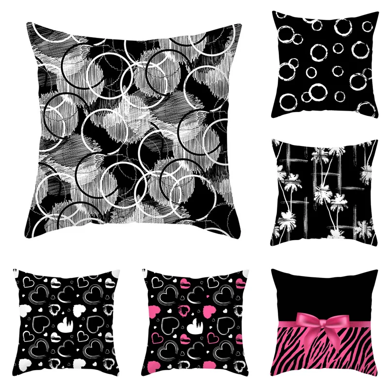

Black and White Geometric Decorative Pillowcases Polyester Peach Skin Throw Pillow Case Abstract Striped Pillowslip 45x45cm