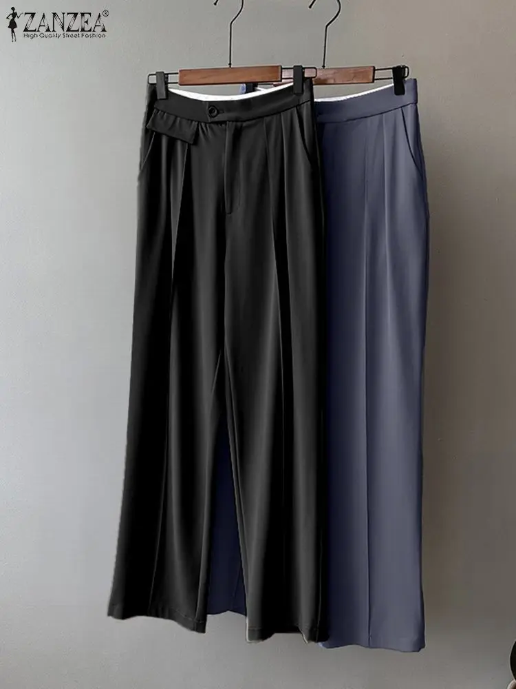 

Casual Work Office OL Pants Women High Waist Wide Legs Pockets Trousers ZANZEA 2023 Elegant Solid Long Trousers Pantalon Turnip