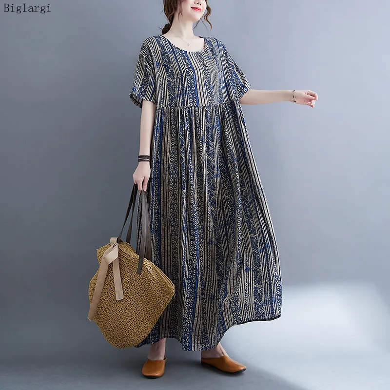 

Oversized Floral Striped Summer Casual Cotton Dress Women Long Ladies Dresses Vintage Korean Fashion Elegant Womens Dress 2022