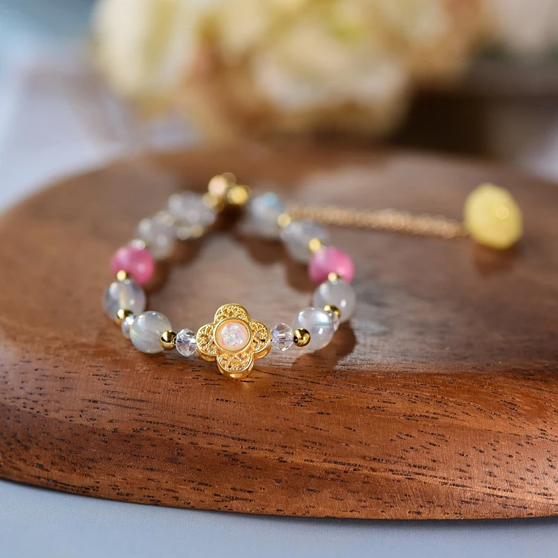 

2022 New 14KGF Luxury Natural Moonstone Stone Pink Crystal Women's Bracelets Fine Jewelry