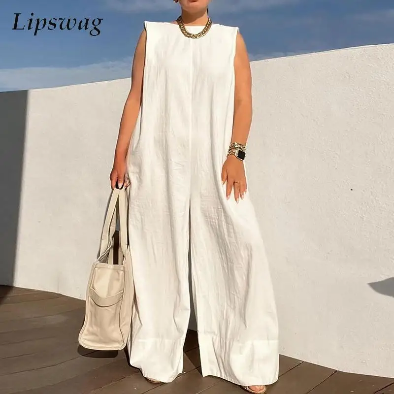 

Женский модный комбинезон свободного покроя, Белый Элегантный комбинезон с мягкой подкладкой без рукавов, повседневный комбинезон с широк...