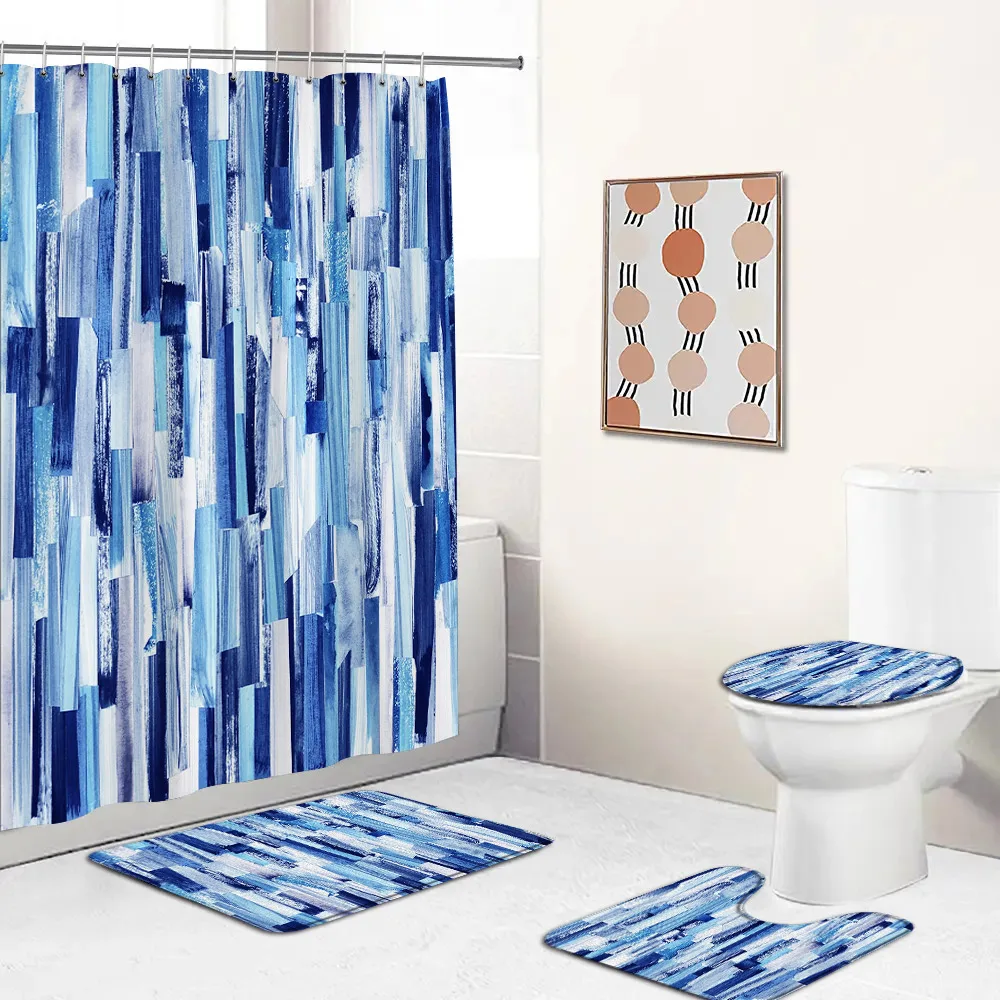

Современная занавеска для душа в стиле гранж, сине-белый абстрактный художественный геометрический декор для ванной комнаты, нескользящий коврик, коврик для ванной, чехол для туалета