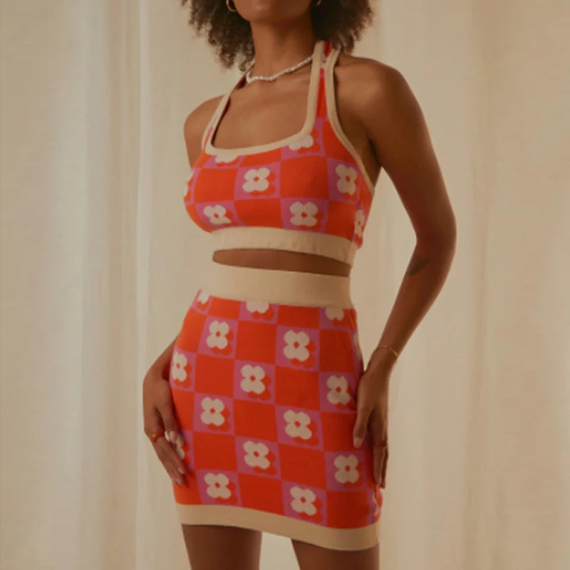 Женский трикотажный комплект из 2 предметов винтажный клетчатый укороченный топ