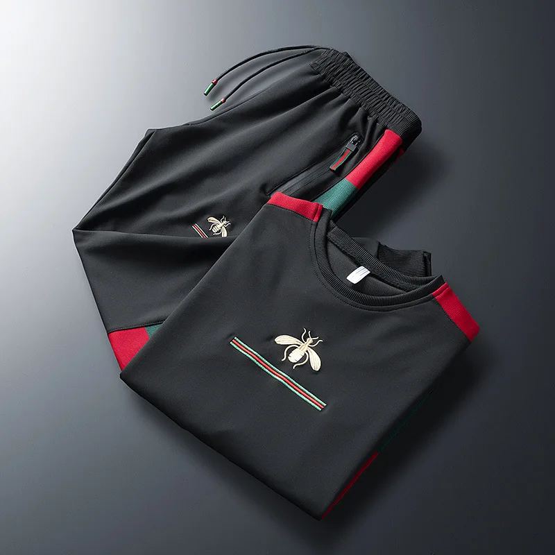 New Elastic Casual Men Sets Embroidered Long Sleeve Suit Fitness Sports Trousers Set Two Piece Tracksuit Men Streetwear Clothing