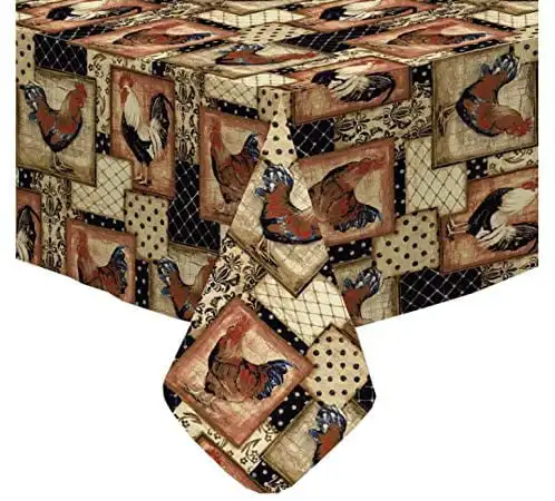 

Vintage Rooster Print Vinyl Tablecloth with Flannel Backing, Farmhouse Rooster Flannel Backed Indoor Outdoor Tablecloth, 52 Inch