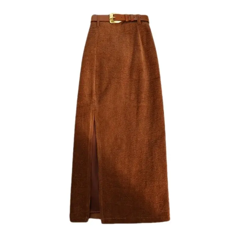 

Spring /Autumn Hong Kong Style Retro Corduroy Split Half Skirt Women's Mid Length High Waist Slim Character Wrapped Hip Skirt