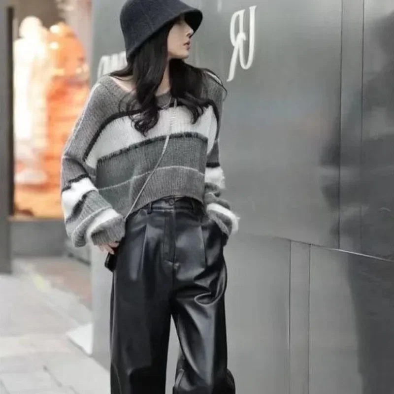 Panelled Striped Pullovers Women Autumn Tops Knitting Loose O-neck Short Chic Hot All-match Female Korean Style Long Sleeve Ins