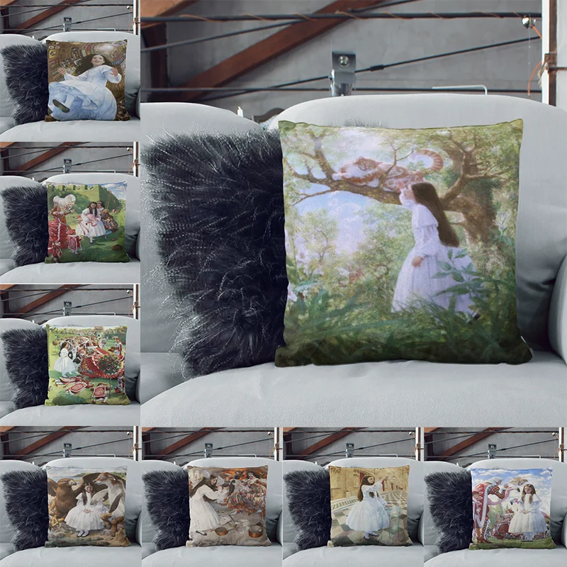 

Alice in Wonderland Cartoon Throw Pillow Vintage Home Decorative Cotton Cushion Cover velvet Pillow Case Cute Rabbit Cat Printed