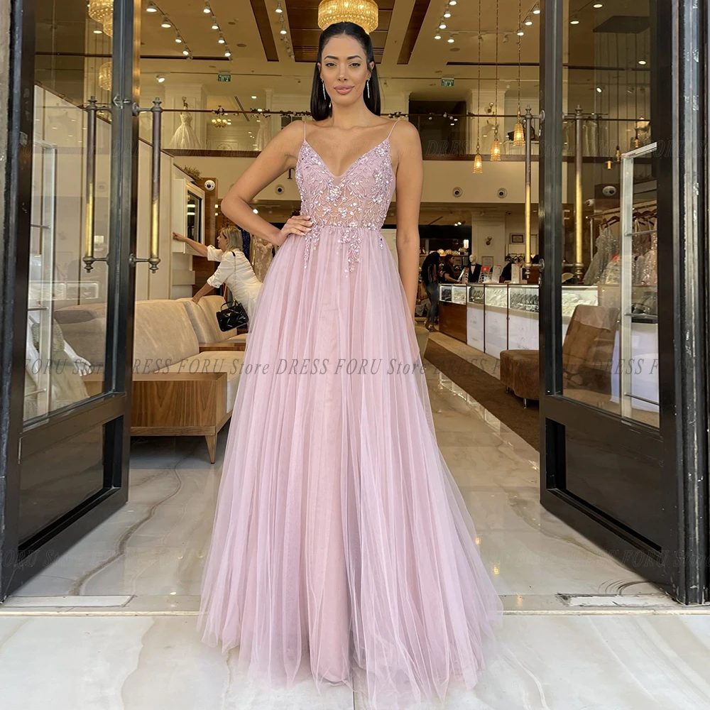

Gorgeous Saudi Arabia Long Wedding Party Dress For Woman 2022 Eveing Gown A Line Tulle With Bead Rhinesitons Spaghetti Straps