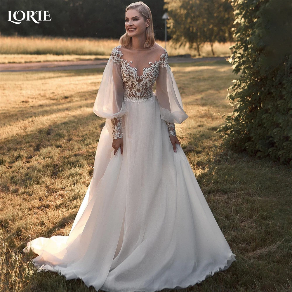 

LORIE Bohemia Lace Wedding Dresses A-Line Appliques Lantern Sleeves O-Neck Bridal Gowns Floor Length Bride Dress robe de mariée