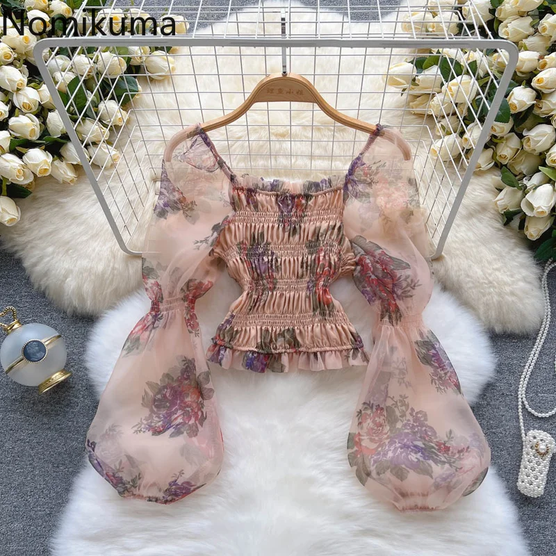 

Nomikuma Shirts for Women Summer Puff Sleeve Floral Print Pleated Gauze Blouse Women Vintage Elegant Fashion Camisas De Mujer